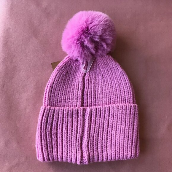 Steve Madden Women Winter  Hat Beanie Faux Fur PomPom Pink - Picture 3 of 3